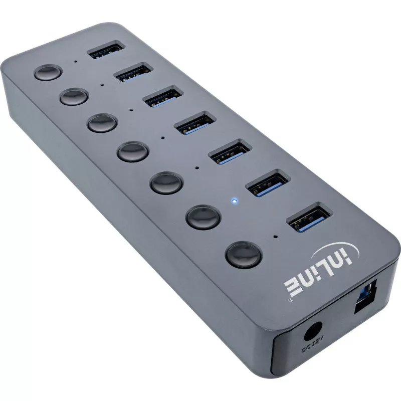 InLine USB 3.2 Gen.1 hub, 7-portowy, z przełącznikiem, aluminium, szary, z zasilaczem