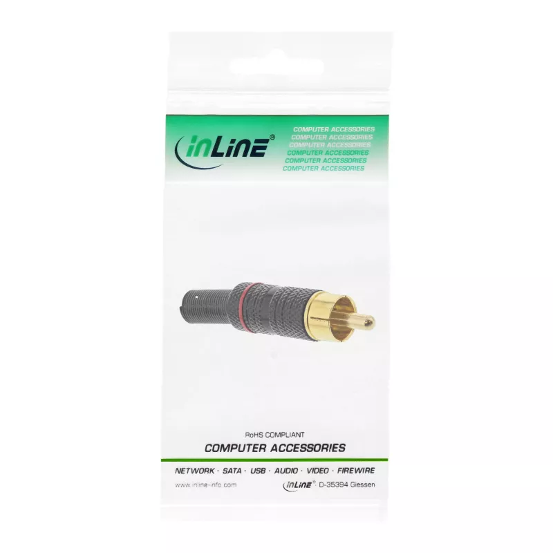 Wtyk męski RCA InLine metalowy do lutowania, czarny, czerwony pierścień, do przewodu 6 mm