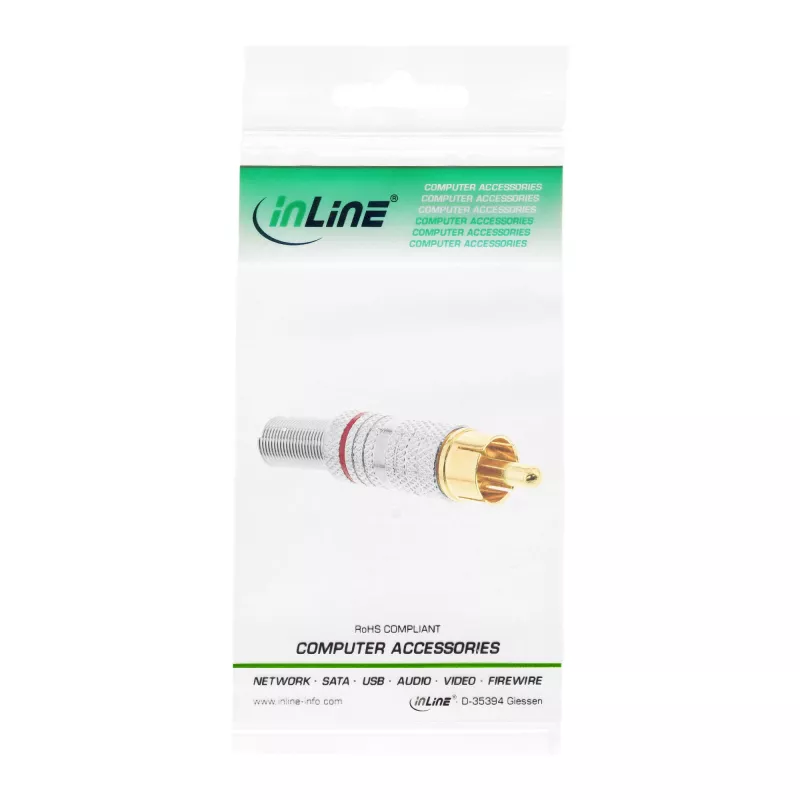 Wtyk męski RCA metalowy do lutowania InLine, srebrny, czerwony pierścień, do kabla 6 mm