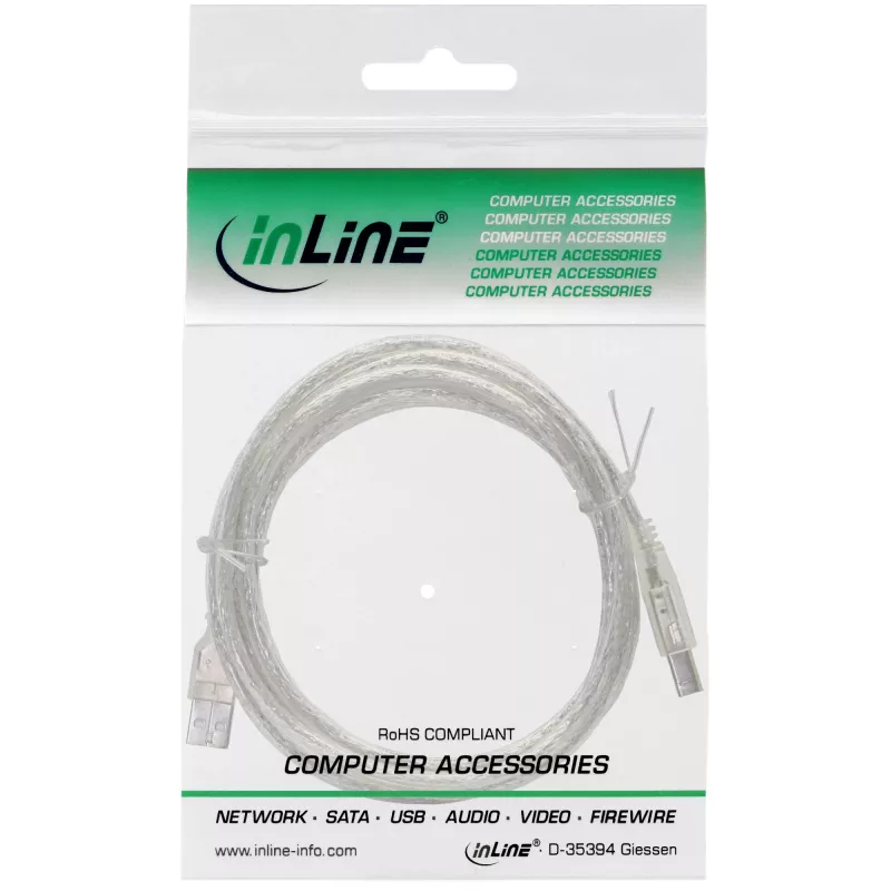 Kabel USB 2.0 Typ A męski / B męski InLine 34505T 0.5m przezroczysty