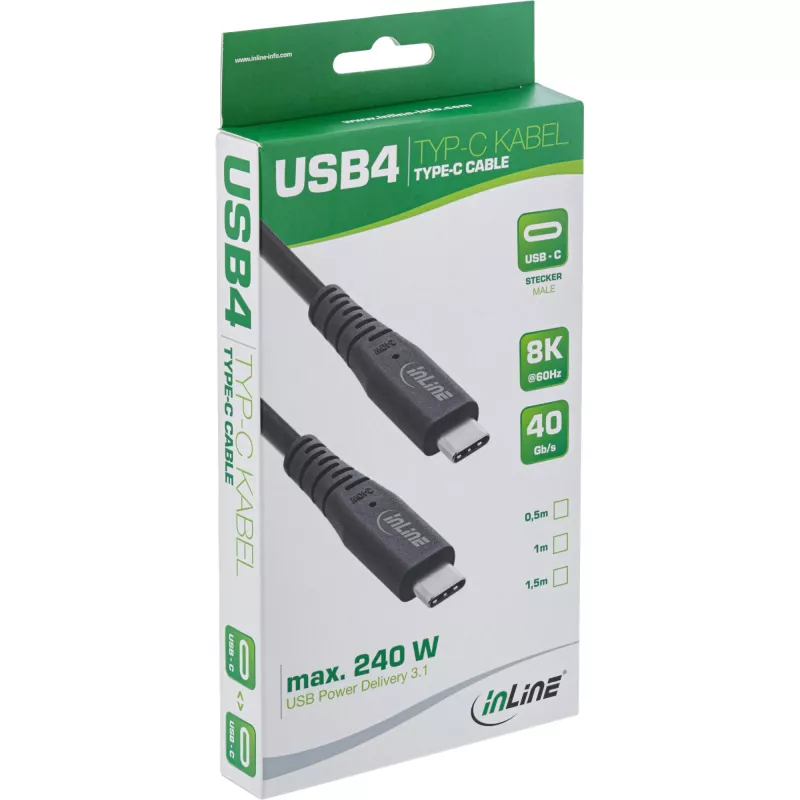 Kabel InLine USB4, USB-C męski/męski, PD 240 W, 8K60Hz, TPE czarny 0,5 m