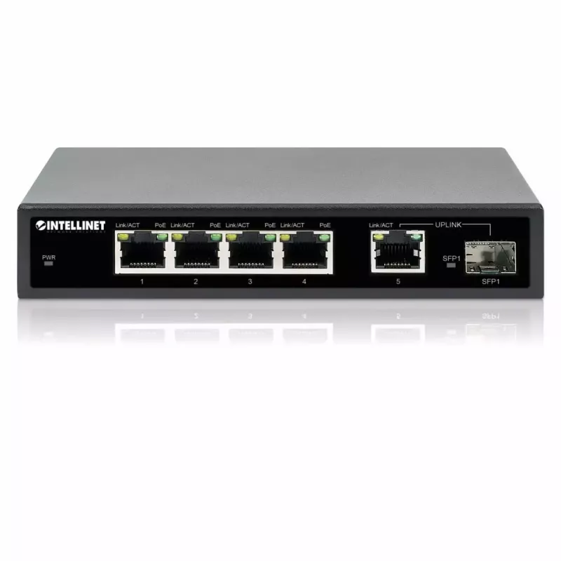 Intellinet 5-portowy gigabitowy przełącznik Ethernet PoE+ z portem SFP o budżecie mocy 91 W