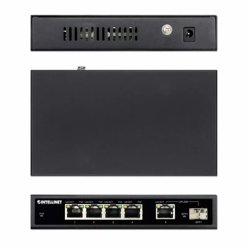 Intellinet 5-portowy gigabitowy przełącznik Ethernet PoE+ z portem SFP o budżecie mocy 91 W