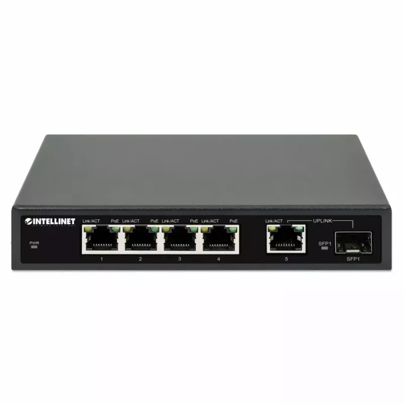 Intellinet 5-portowy gigabitowy przełącznik Ethernet PoE+ z portem SFP o budżecie mocy 91 W
