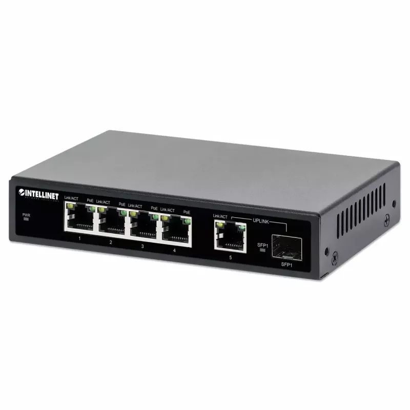 Intellinet 5-portowy gigabitowy przełącznik Ethernet PoE+ z portem SFP o budżecie mocy 91 W