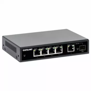Intellinet 5-portowy gigabitowy przełącznik Ethernet PoE+ z portem SFP o budżecie mocy 91 W