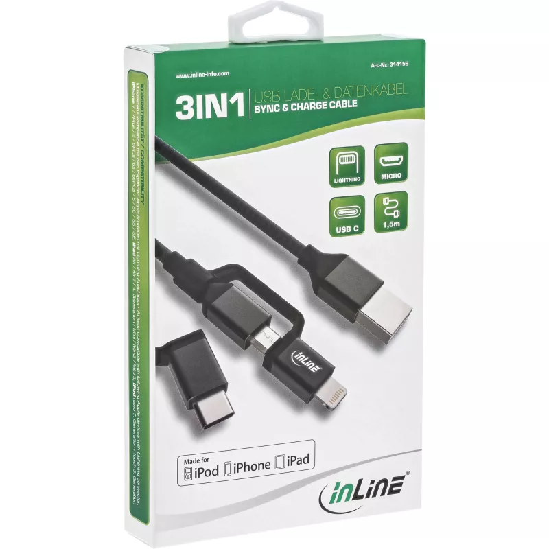 InLine 3-w-1 kabel USB, USB-A M do Micro-USB+USB-C+Lightning, czarny/aluminium