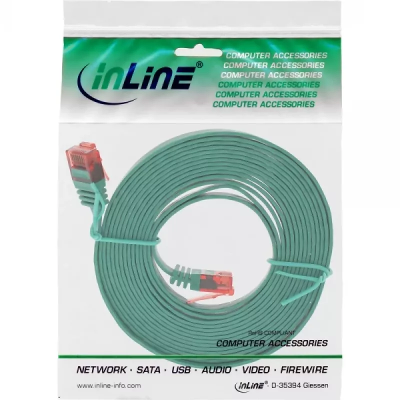 InLine Płaski ultracienki kabel krosowy U/UTP Kat.6 Gotowy do Gigabit Ethernet zielony 3m
