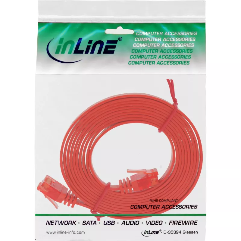InLine Płaski ultrapłaski kabel krosowy U/UTP Kat.6 gotowy na Gigabit czerwony 2m