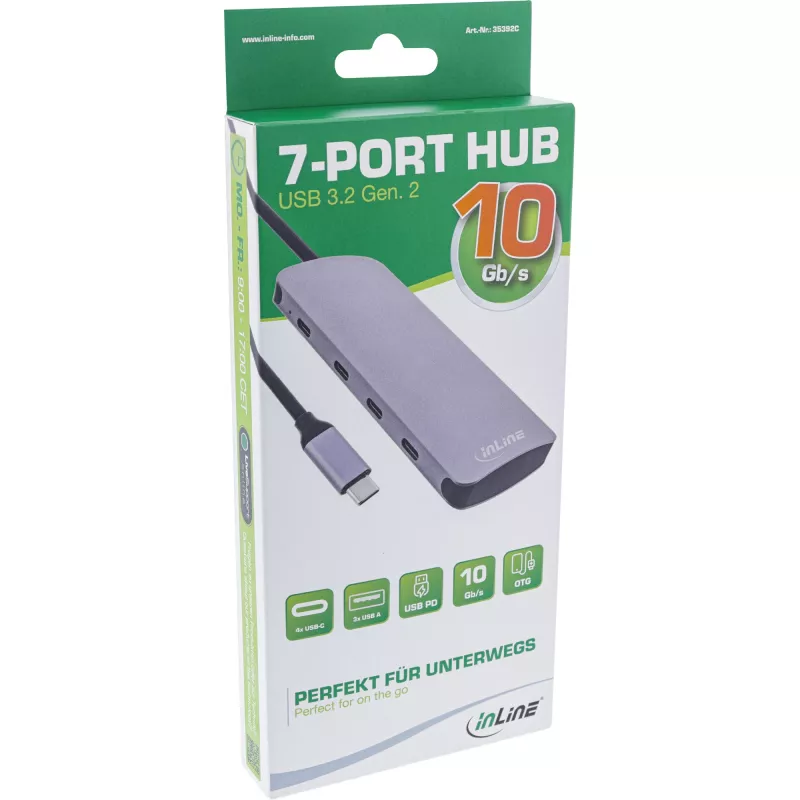 InLine USB 3.2 Gen.2 Hub, 4x USB-C + 3x USB-A, PD 100W, aluminium, szary