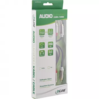 Kabel audio InLine cienki 2x RCA M/M, Stereo, 0.5m, 2 x RCA, Wtyk męski, 2 x RCA + USB, Wtyk męski, 0.5 m, Czarny