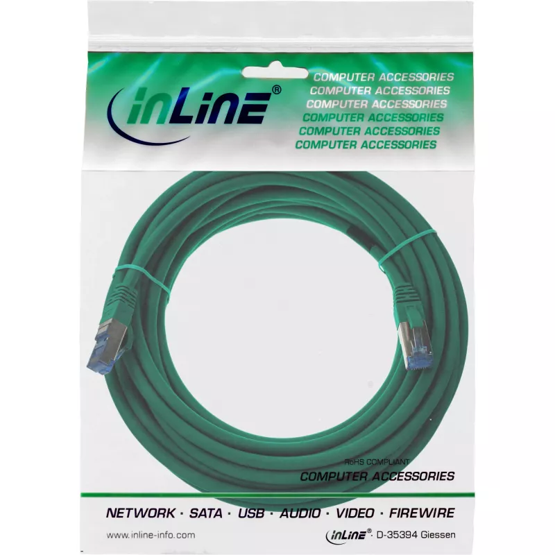 Kabel krosowy InLine S/FTP PiMF, kat. 6A, bezhalogenowy, 500 MHz, zielony, 20 m
