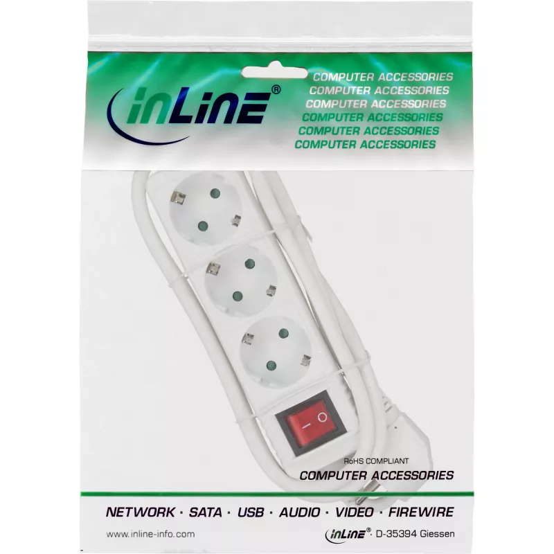 Listwa zasilająca InLine, 3 gniazda z uziemieniem CEE 7/3, z wyłącznikiem, biała, 5 m