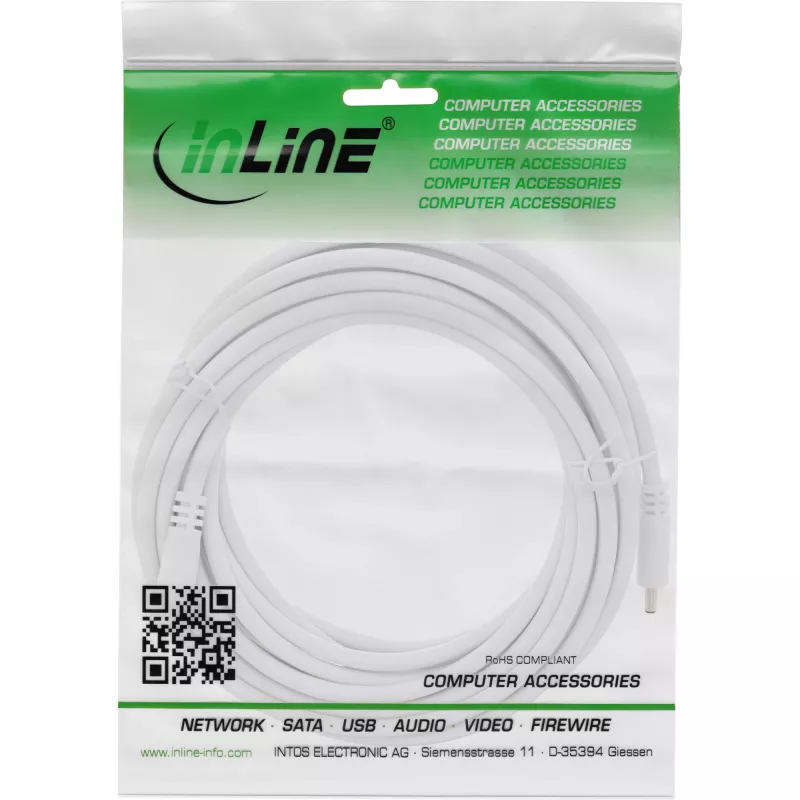 Przedłużacz DC InLine, DC męski/żeński 3,5x1,35mm, AWG 18, biały 3m