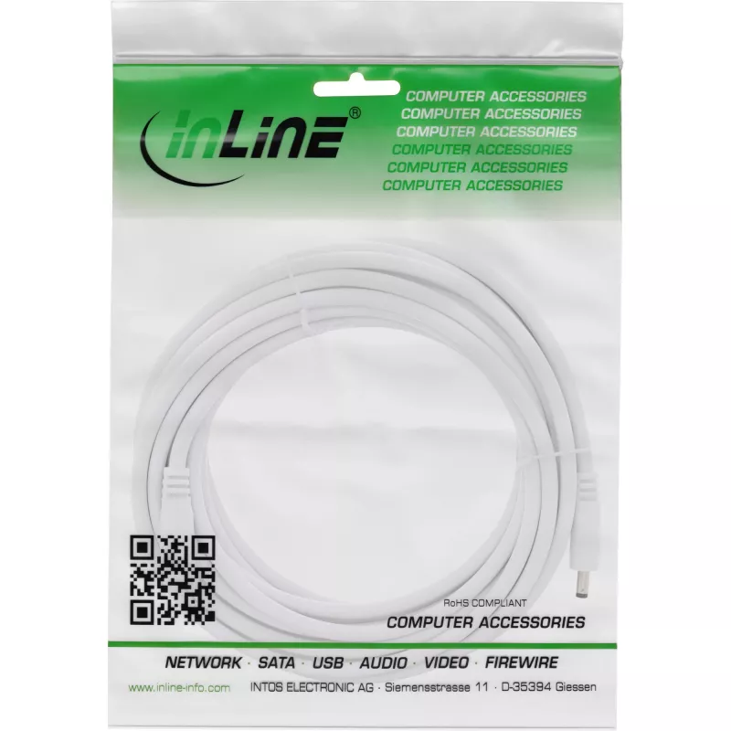 Przedłużacz DC InLine, męski/żeński 5,5x2,1mm, AWG 18, biały 5m