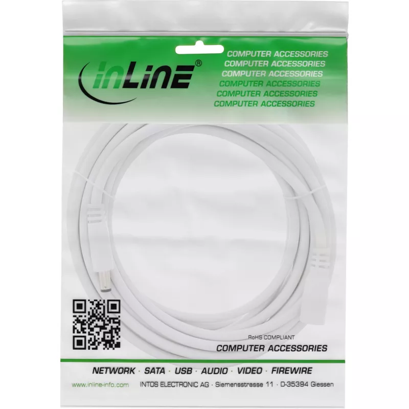 InLine DC extension kabel, DC male/female 5.5x2.5mm, AWG 18, biały 5m