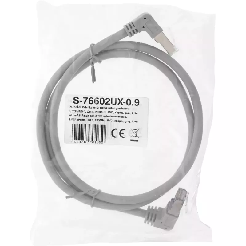 InLine kabel krosowy obustronnie kątowy w dół, S/FTP (PiMf), kat. 6, 250 MHz, PVC, miedź, szary, 1,1 m