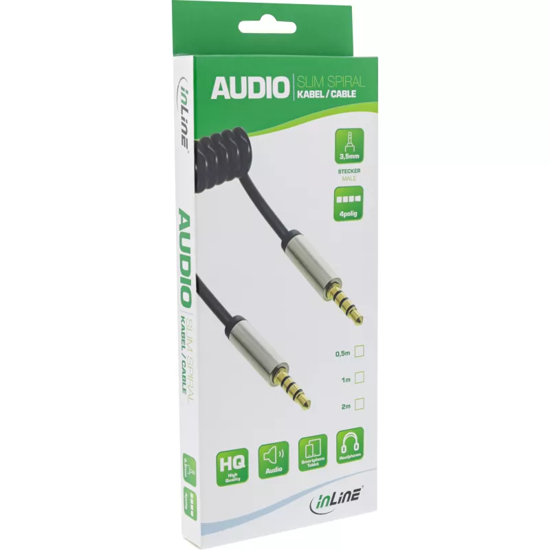 InLine cienki Audio Spiral kabel 3.5mm męski / męski 4-pin Stereo 1m