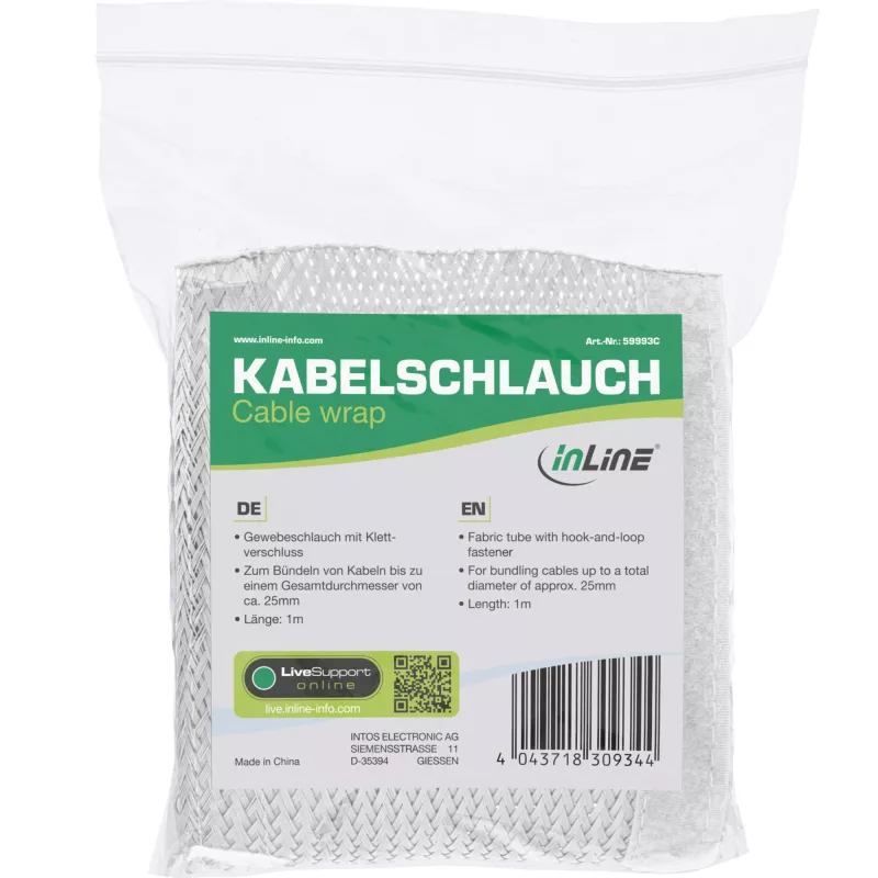 Osłona na kable InLine 1 m × 25 mm, wąż materiałowy z zapięciem na rzep, biały