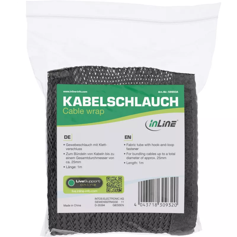 Rękaw prowadzący kable InLine 59993A — wąż materiałowy z zapięciem na rzep, 1 m × 25 mm, czarny