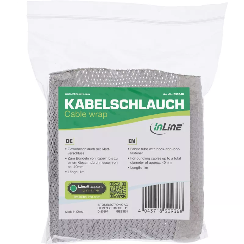Kanał kablowy InLine, wąż tekstylny z rzepem, 1m x 25mm szary