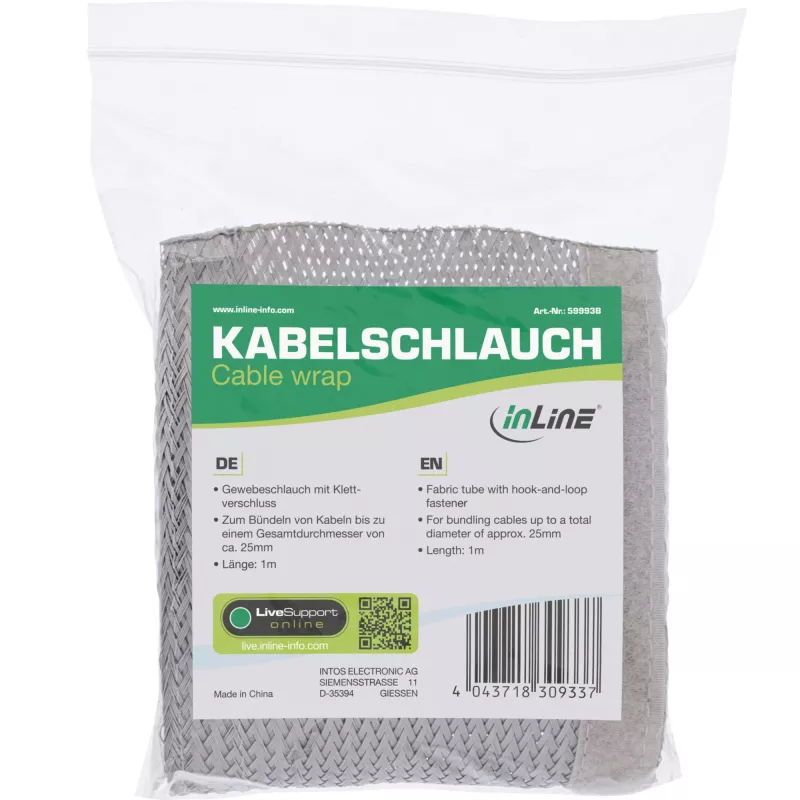 InLine Kanał kablowy, wąż materiałowy z zapięciem na rzep, 1 m x 25mm szary