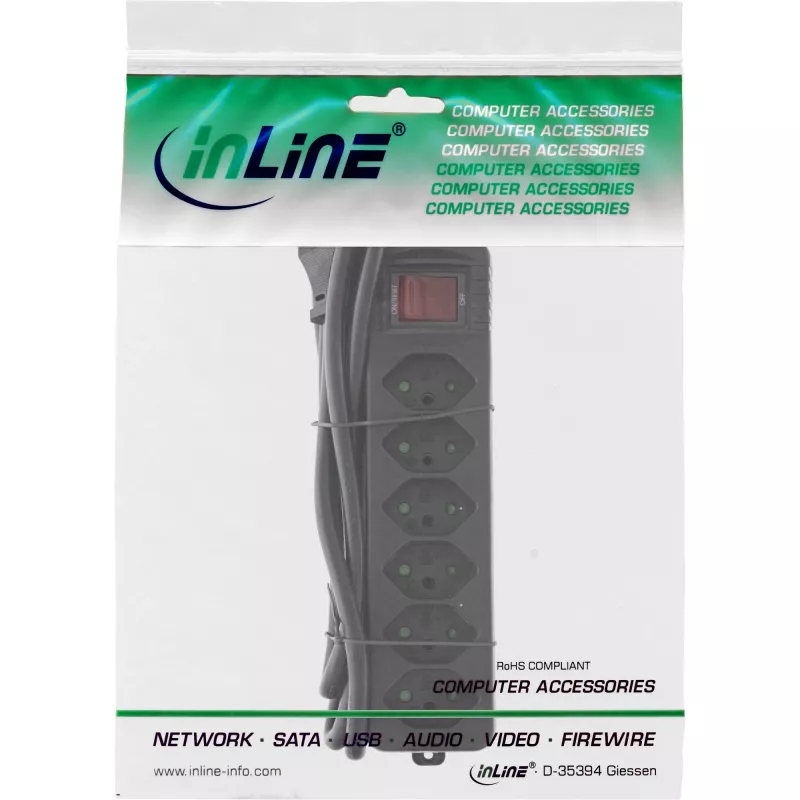 Listwa zasilająca InLine 6 gniazd, typ szwajcarski, z wyłącznikiem, czarna, 1,5 m