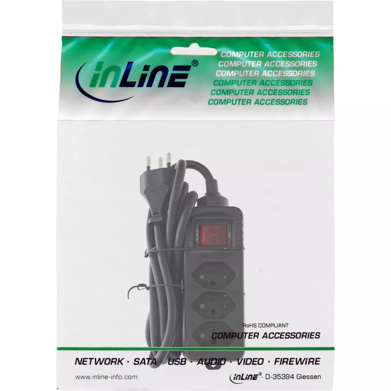 Listwa zasilająca InLine SZWAJCARIA, 3-gniazdowa, z wyłącznikiem, 1,5 m, czarna