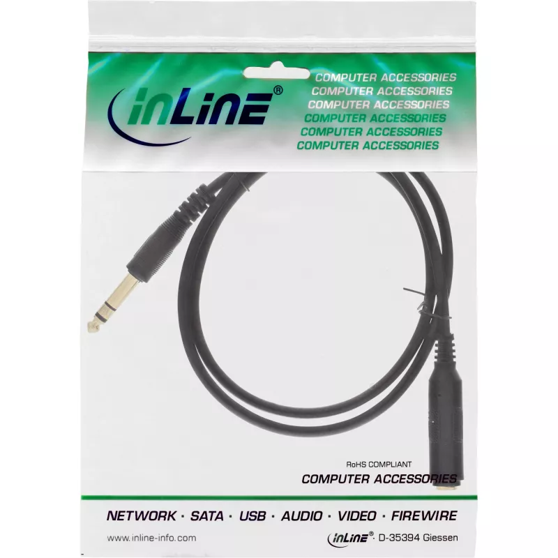InLine Przedłużacz słuchawkowy 6,3 mm stereo M/F, pozłacany, czarny, 1 m