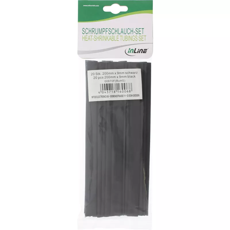 Zestaw rurek termokurczliwych InLine, długość 200 mm, średnice 9 mm → 4,5 mm, 20 szt., czarne