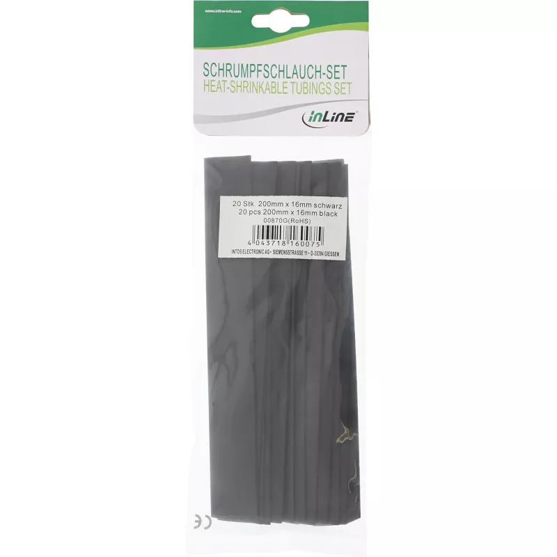 Kurczliwa rurka termokurczliwa InLine 200 mm, średnica 16 mm → 8 mm, 20 sztuk, czarna
