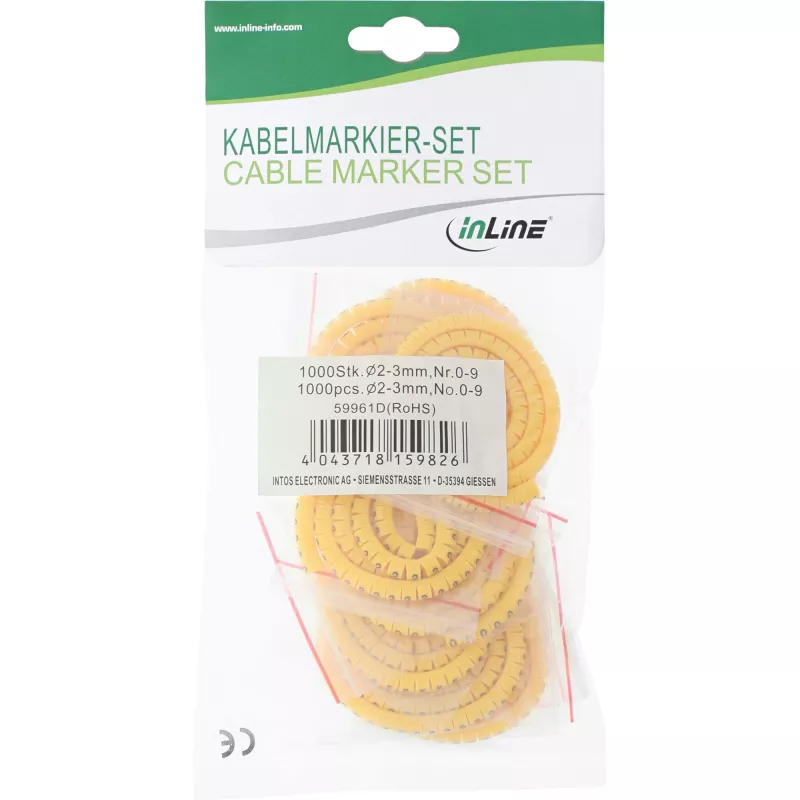Pierścienie znacznikowe do kabli InLine 5,2–10 mm, cyfry 0–9, 1000 szt., żółte