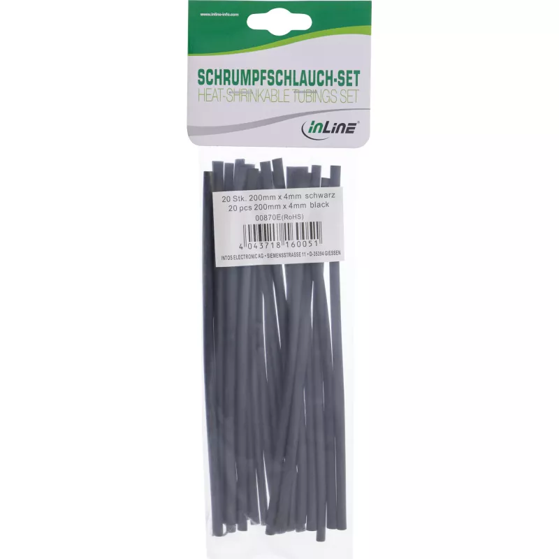 Rurki termokurczliwe InLine 200 mm, współczynnik skurczu 4 mm do 2 mm, 20 szt., czarne