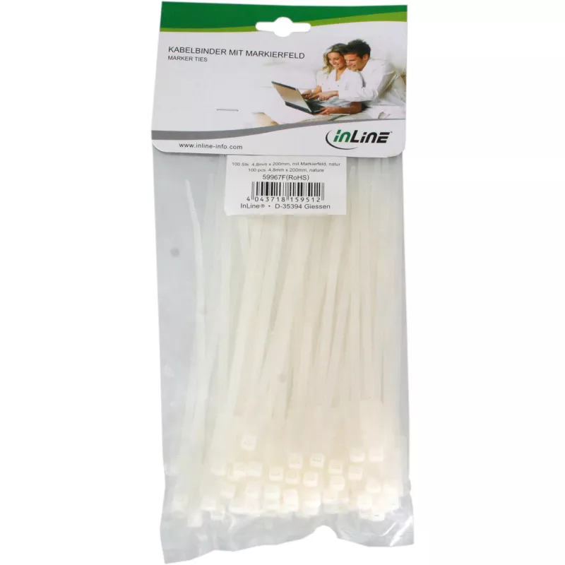 Opaski kablowe InLine Marker Ties 200 mm x 4,8 mm, nylon, 100 szt., naturalny