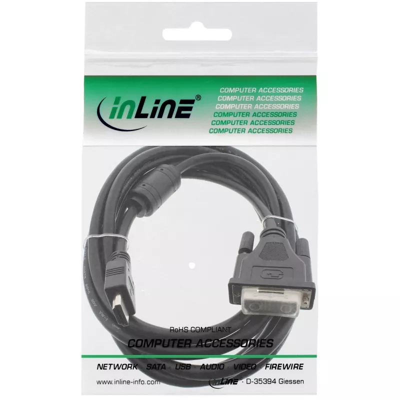 Kabel InLine HDMI-DVI 19-pin męski / 18+1 męski + filtr ferrytowy czarny 3 m