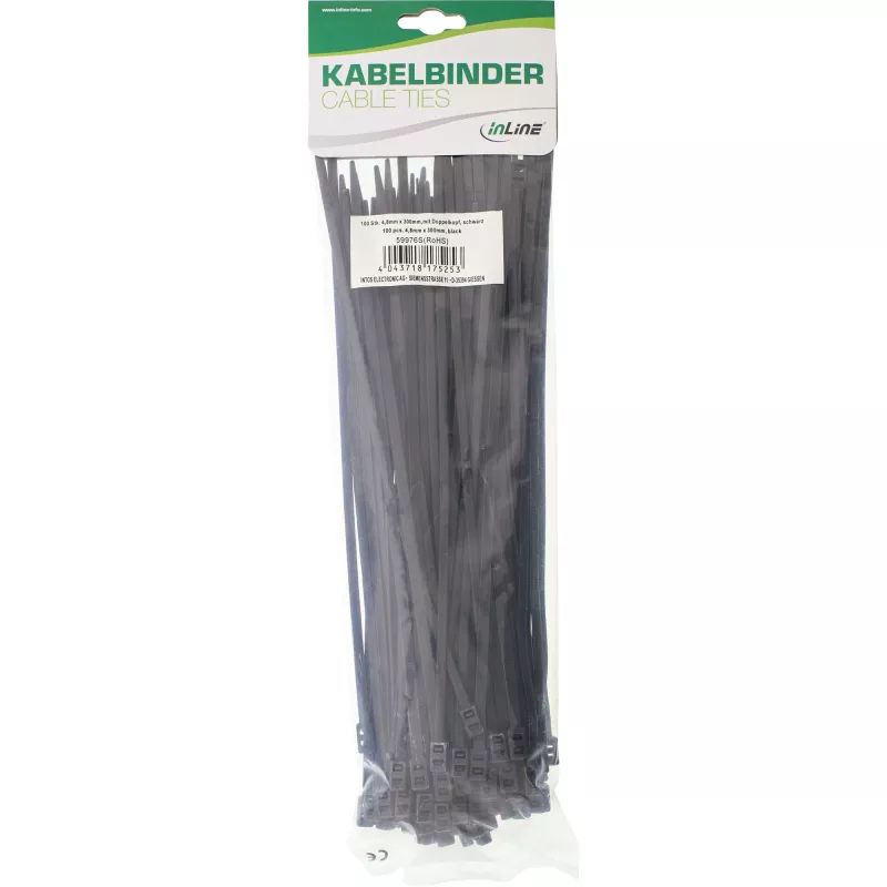 Opaski kablowe InLine z podwójną główką montażową 300 mm x 4,8 mm, nylon, czarne, 100 szt.