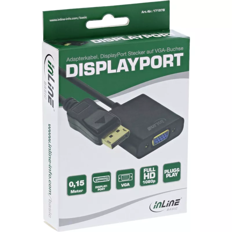 adapter kablowya DisplayPort InLine Basic, wtyk DP / gniazdo VGA, czarny, 0,15 m