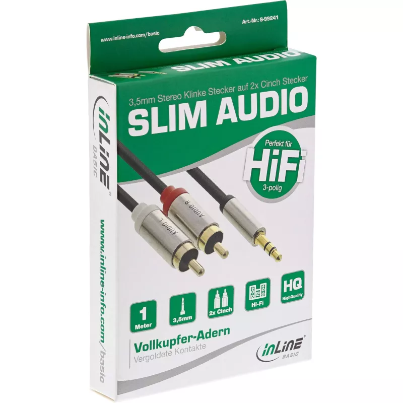 Kabel audio 3,5 mm męski do 2x RCA męski InLine Basic cienki S-99241