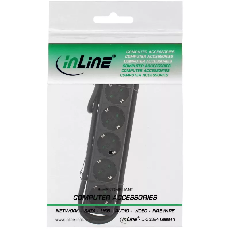 InLine listwa zasilająca, 5-gniazdkowa z uziemieniem CEE 7/3, czarna, 1,5 m