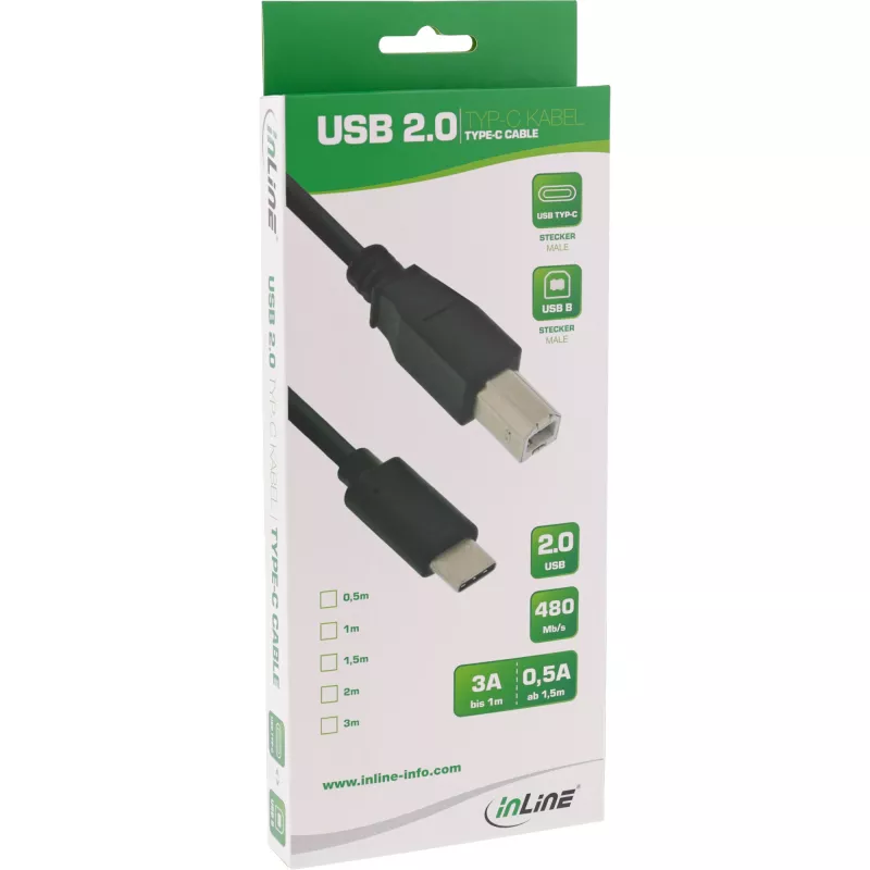 Kabel InLine USB 2.0, USB-C męski / USB-B męski, czarny, 5 m