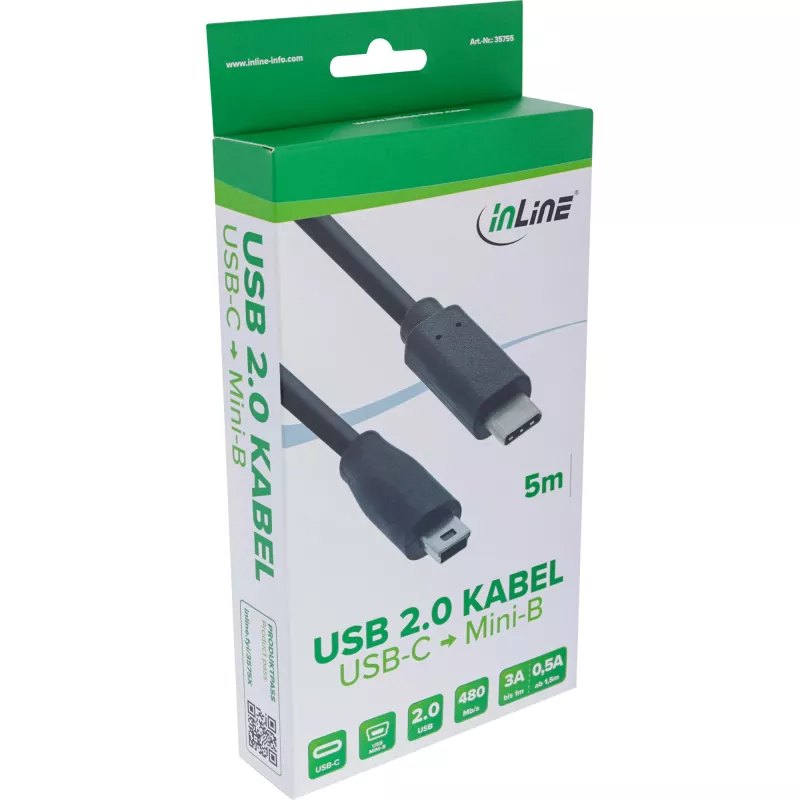 InLine USB 2.0 kabel, USB-C male / mini-B male (5pin), czarny, 5m