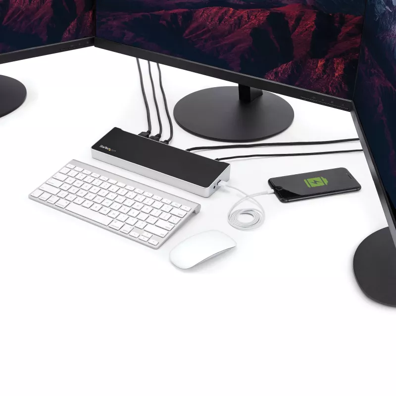 StarTech.com Stacja dokująca 4K USB-C, potrójna stacja dokująca do monitorów UHD 4K, Mac i Windows, USB-C na HDMI i DisplayPort, zasilanie 60 W, hub USB 5 Gb/s 5x – TAA