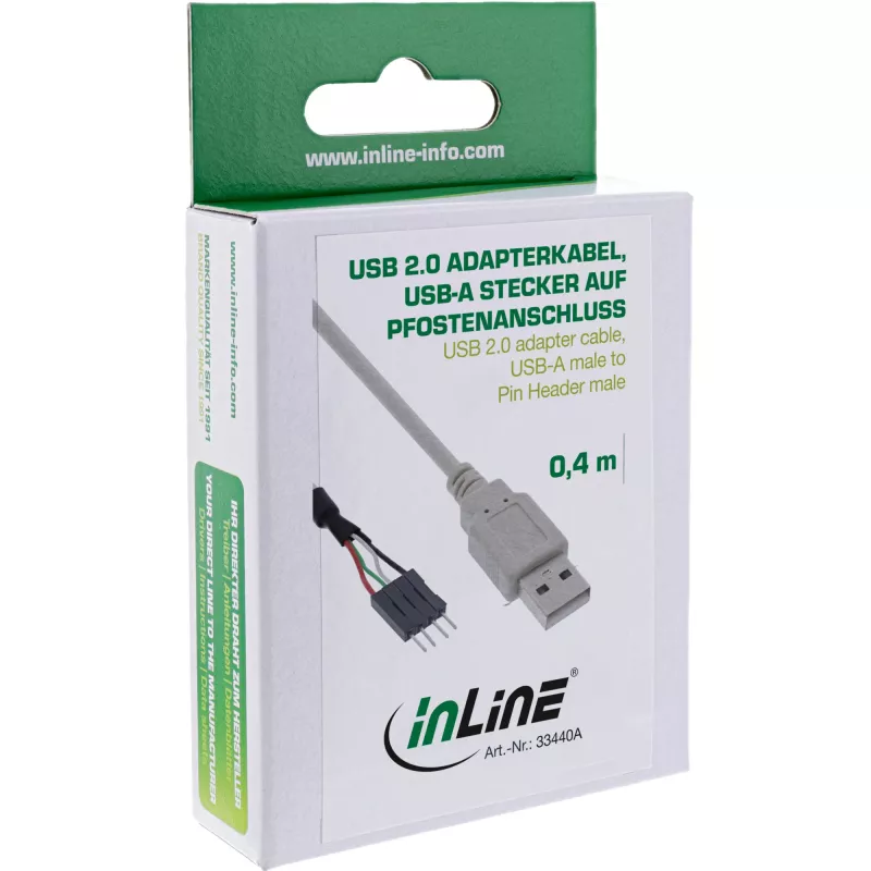 adapter kablowya InLine USB 2.0, wtyk USB typu A męski / złącze pinowe męskie, 0,40 m
