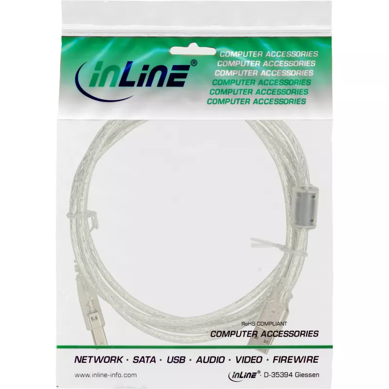 Kabel USB 2.0 Typ A męski / B męski przezroczysty rdzeń ferrytowy 0,5 m InLine 34505