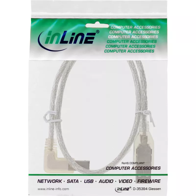 Kabel USB 2.0 InLine z wtykiem A lewokątnym / B męski przezroczysty 2m