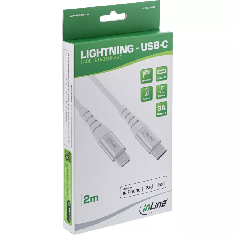 InLine USB-C Lightning kabel, do iPada, iPhone, iPoda, srebrny/aluminiowy, 2 m