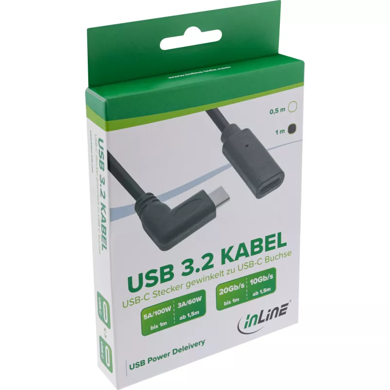 Kabel InLine USB 3.2 Gen.1x2, USB-C męski kątowy / żeński, czarny, 1m