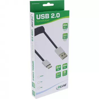 InLine kabel spiralny USB 2.0, USB-C męski / USB-A męski, czarny/alu, elastyczny, 0,5 m