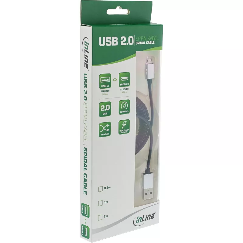 Kabel spiralny InLine Micro-USB 2.0, Typ A/Micro-B M/M, czarny/alu, elastyczny 3m
