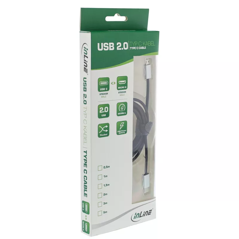 InLine Kabel USB 2.0, wtyk USB-C męski / wtyk Micro-B męski, czarny/alu, elastyczny, 1,5 m